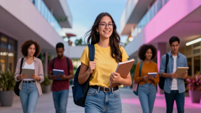 Joven mexicana sonríe en campus universitario moderno