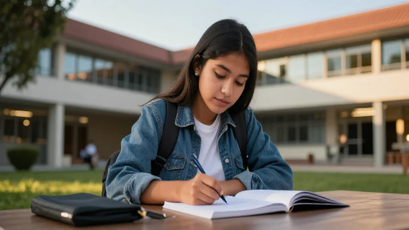 Estudiante mexicano estudia en campus moderno