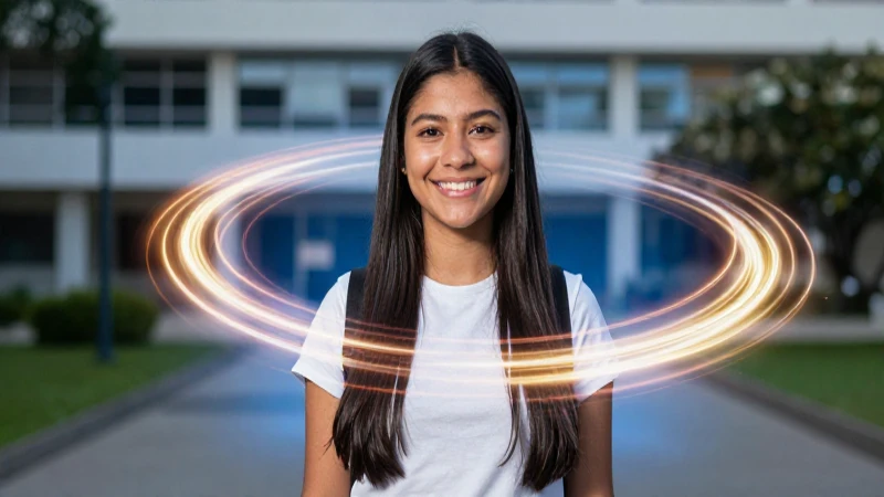 Estudiante sonriente mira su camino hacia el éxito