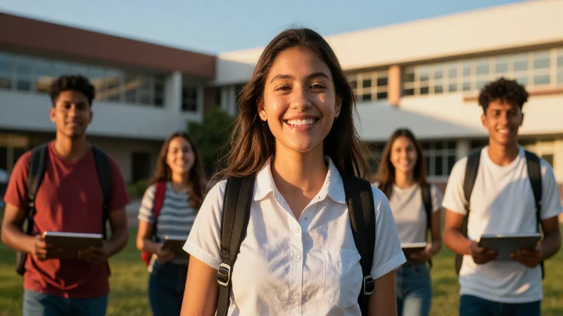 Estudiante mexicano feliz triunfa en campus moderno