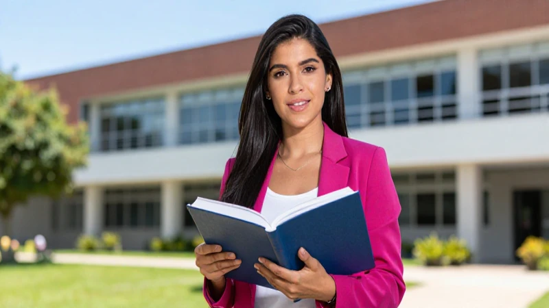 Estudiante mexicana brillante en campus moderno