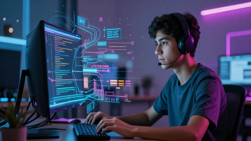 Joven mexicano codifica con luz tecnológica futurista