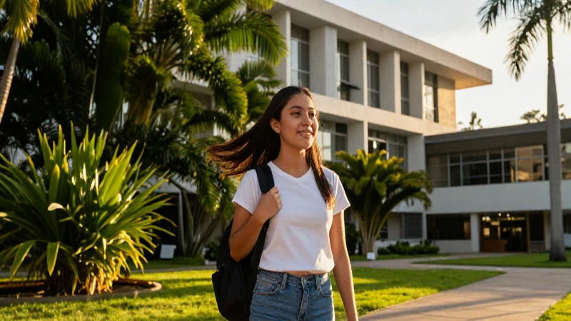 Estudiante mexicano vibrante en campus maya moderno