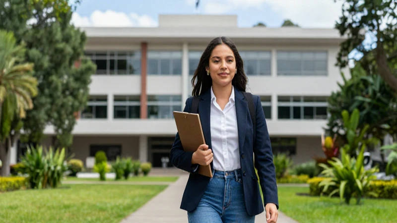 Estudiante mexicana camina hacia edificio moderno