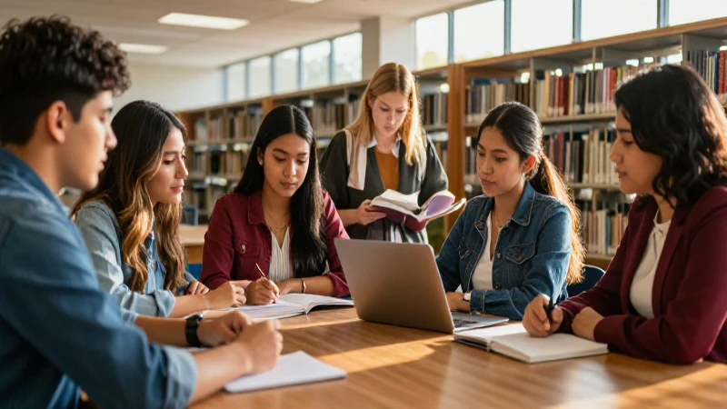 Estudiantes mexicanos en biblioteca universitaria con ambiente cinematográfico