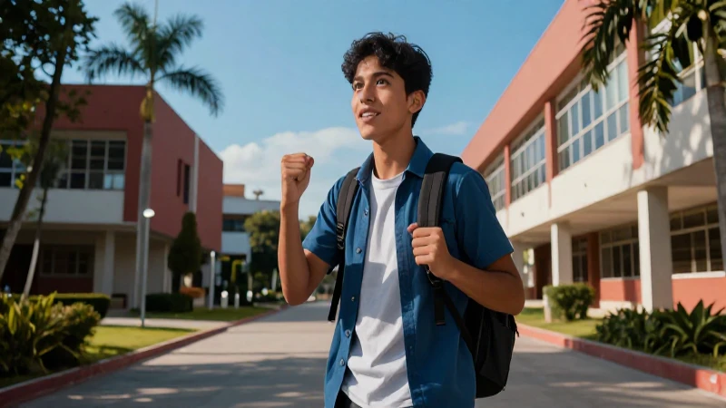 Estudiante mexicano motivado en campus universitario vibrante
