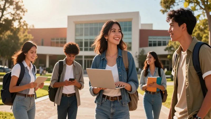 Estudiantes colaboran en campus moderno y vibrante