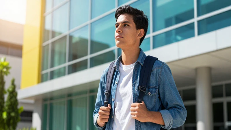 Estudiante mexicano concentrado en campus moderno