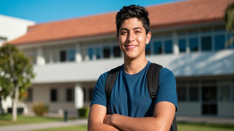 Estudiante mexicano en campus vibrante con estilo profesional