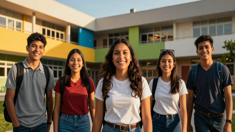 Estudiantes mexicanos sonríen en campus moderno