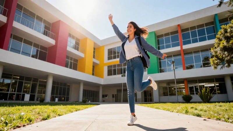 Estudiante universitario vibrante en campus moderno y soleado