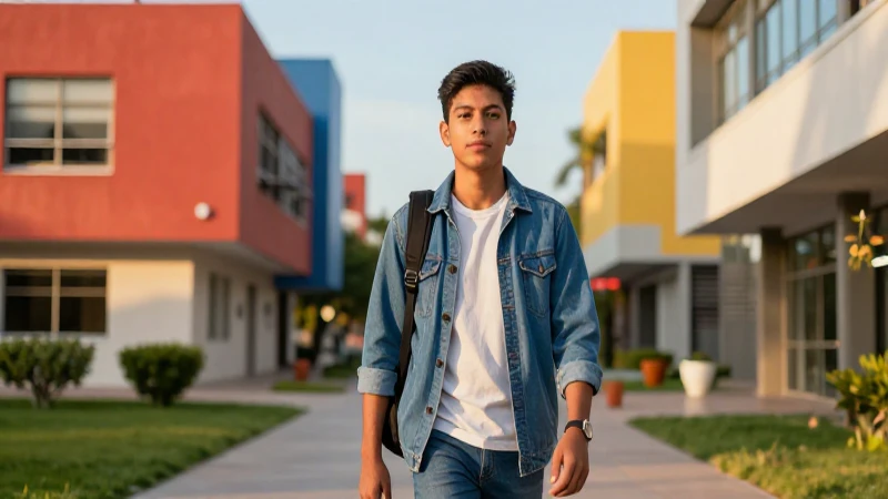 Estudiante mexicano en campus vibrante y dorado