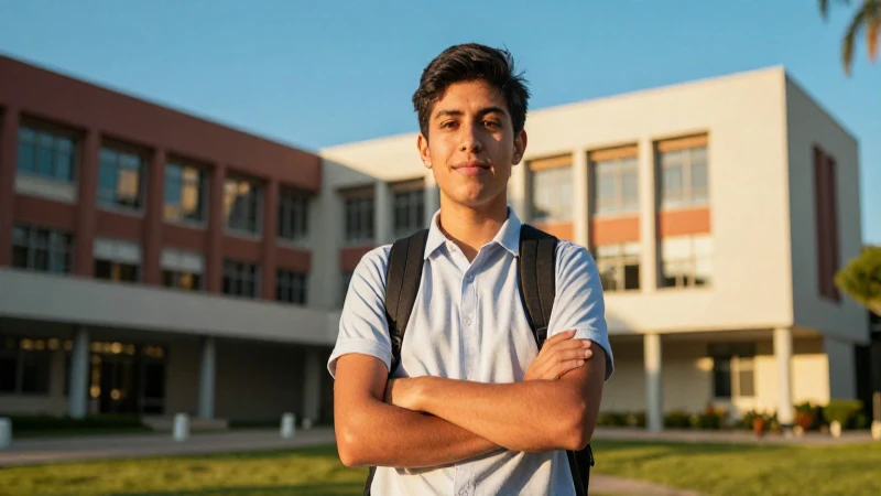 Estudiante mexicano exitoso en campus modernista
