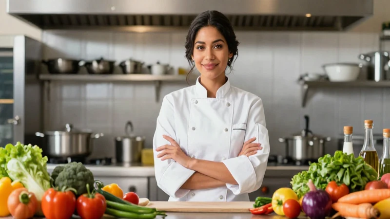 Latina cocinera profesional en cocina vibrante