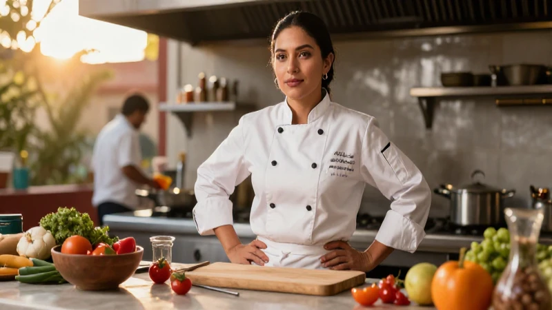 Chef mexicana confiada en cocina vibrante