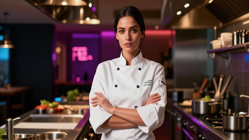 Mujer chef confiada en cocina sofisticada