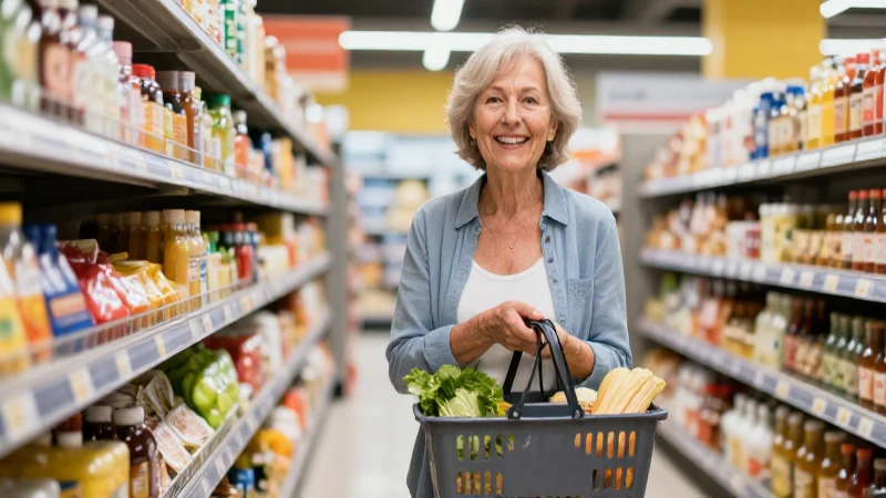Abuela sonriente con cesta de mercado en supermercado