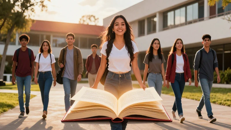 Estudiantes mexicanos entusiastas en campus vibrante
