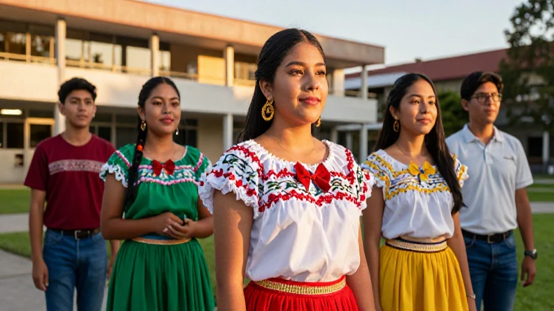 Estudiantes mexicanos en vestimenta tradicional vibrante