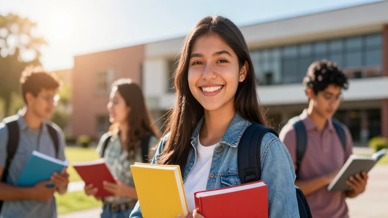 Estudiante sonriente en campus universitario moderno
