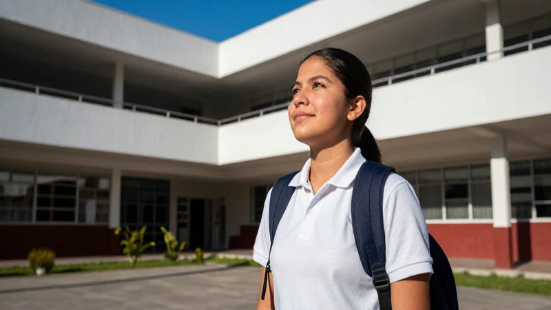 Estudiante mexicano esperanzado en campus moderno