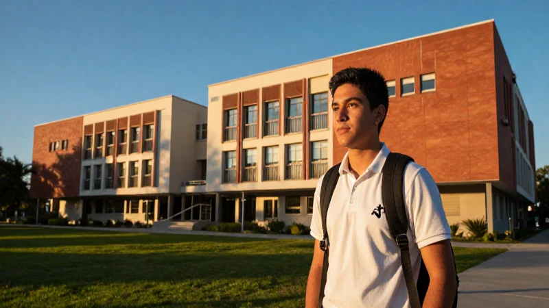 Estudiante mexicano en campus moderno bajo luz dorada