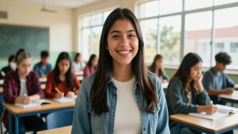 Estudiante mexicano sonríe en moderno campus escolar