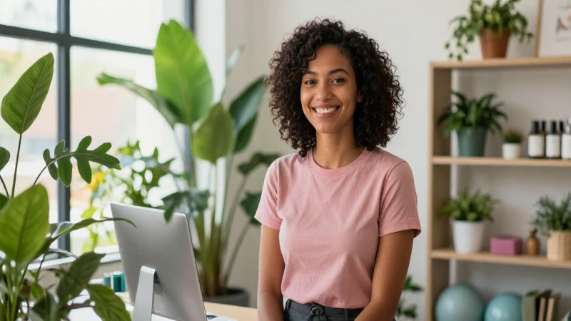 Mujer sonriente en oficina de bienestar moderna y elegante