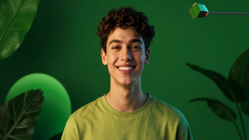 Joven sonriente con fondo verde vibrante
