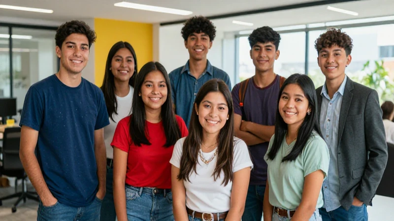 Estudiantes mexicanos sonríen en oficina moderna