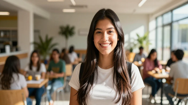 Estudiante mexicana sonriente en moderno centro comunitario