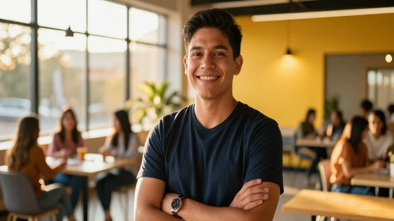 Joven mexicano sonriente en centro moderno y brillante