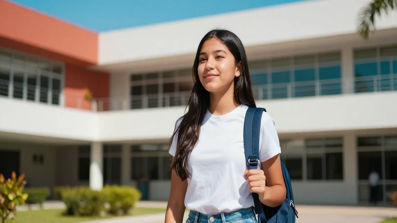 Estudiante mexicano brillante en campus moderno