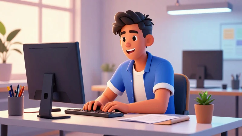 Estudiante mexicano sonriente en oficina moderna