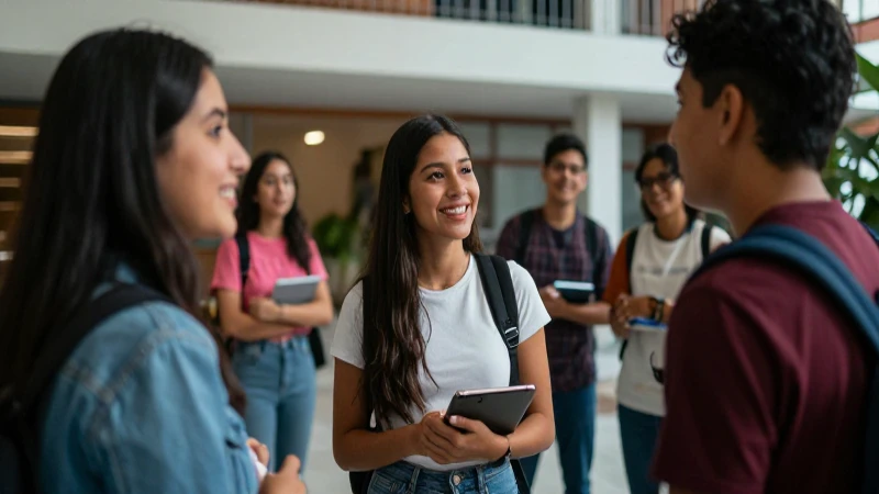 Estudiantes mexicanos felices en campus moderno
