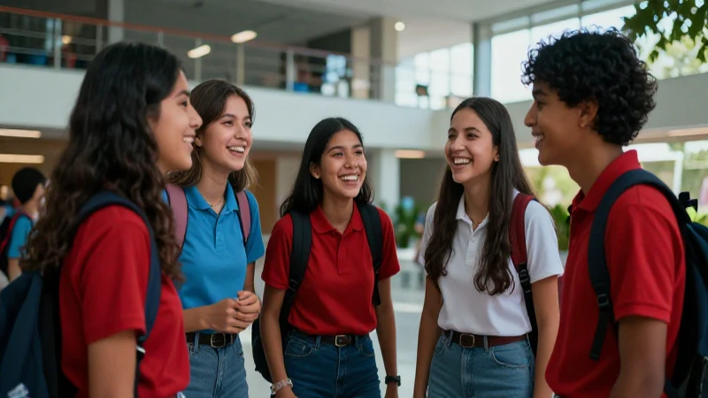 Estudiantes mexicanos felices en campus moderno