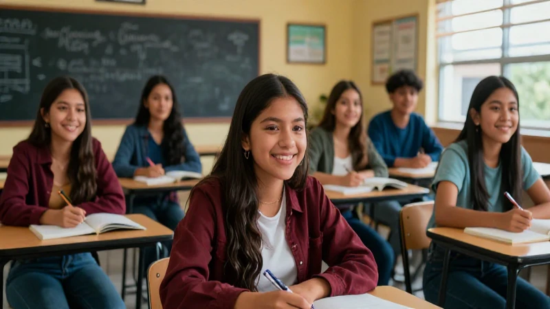 Estudiantes mexicanos sonrientes en aula moderna