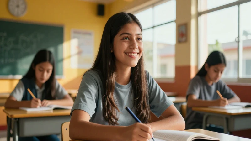 Estudiante mexicano sonriente en clase vibrante