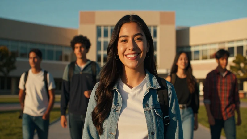 Estudiante sonriente en campus moderno al atardecer