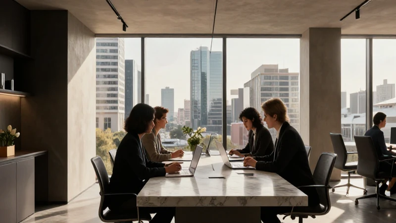 Oficina minimalista con vista a CDMX y profesionales