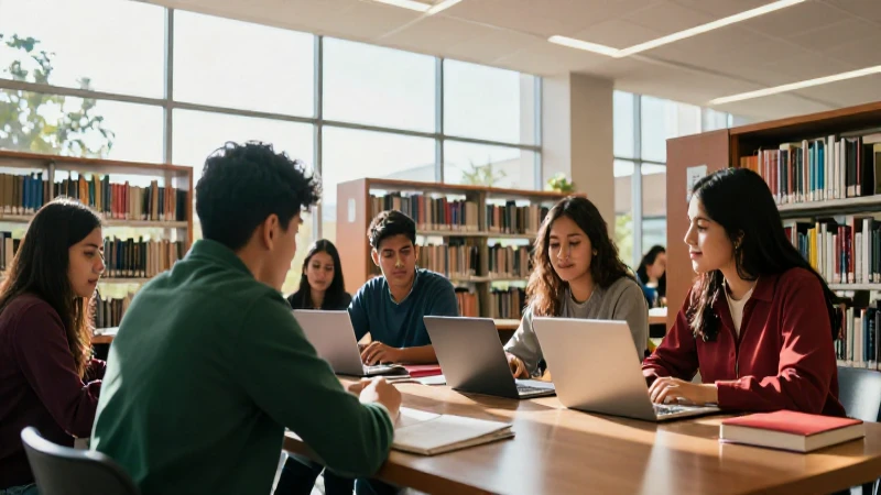 Estudiantes mexicanos en biblioteca moderna con luz y colores vivos