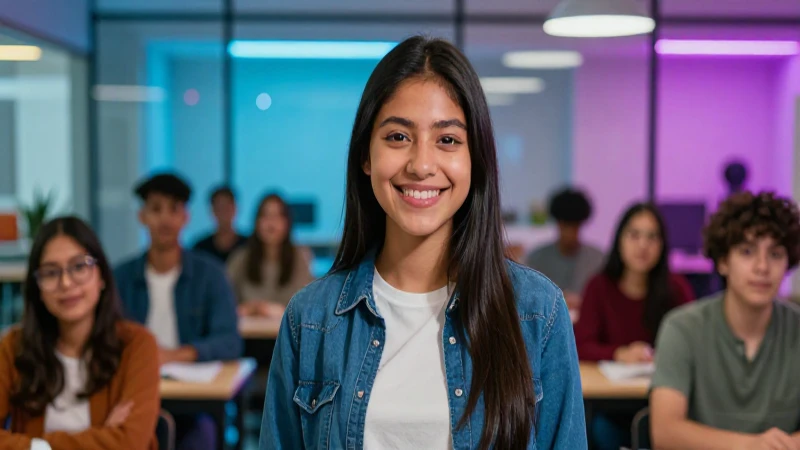 Estudiante mexicana sonriente en aula moderna