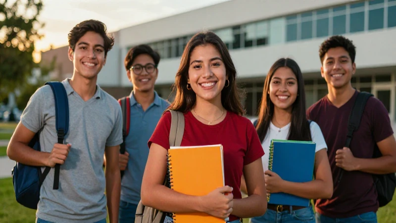 Estudiantes mexicanos felices en campus moderno