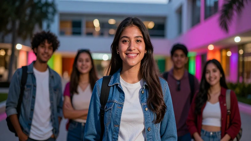 Estudiante mexicano sonríe en campus universitario moderno