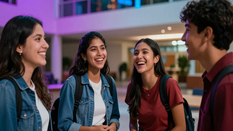 Estudiantes mexicanos riendo en campus moderno