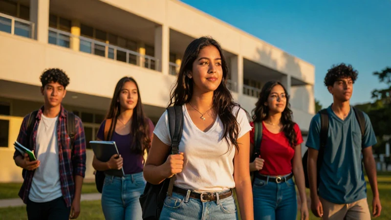Jóvenes estudiantes mexicanos en campus moderno con luz dorada