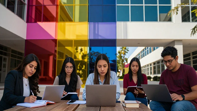 Estudiantes mexicanos en moderno campus universitario