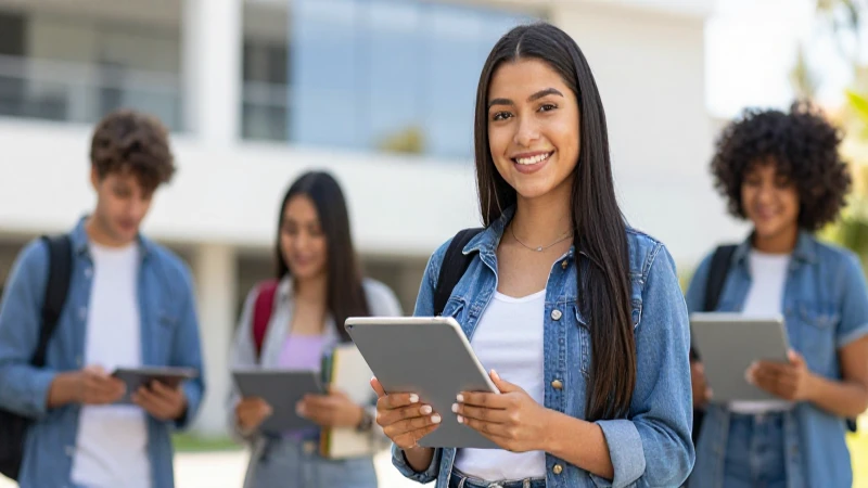 Estudiante mexicana con tablet en campus moderno