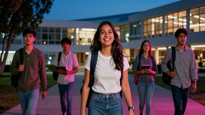 Estudiantes universitarios exitosos en un campus moderno