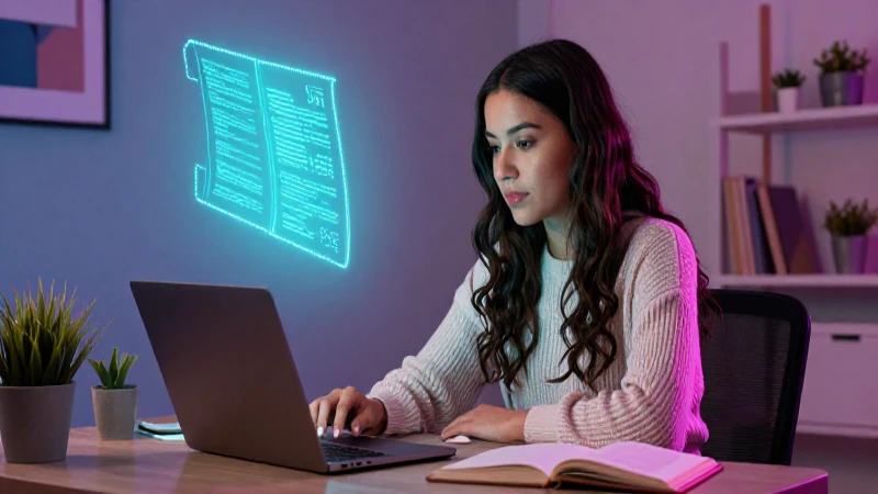 Joven mexicana estudia en oficina moderna